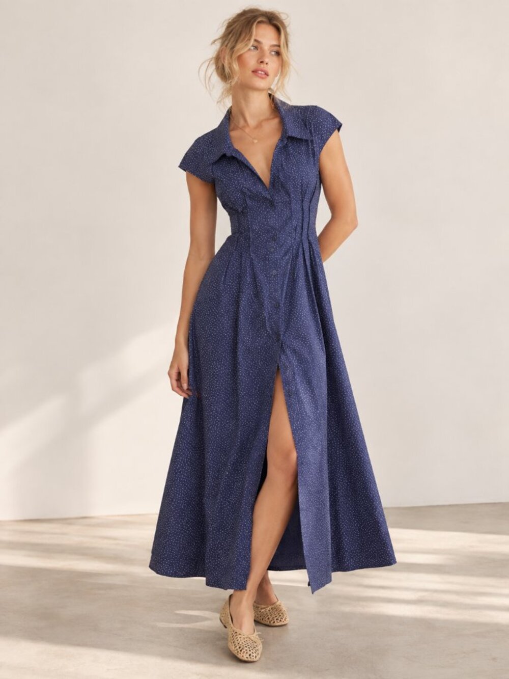 GAP STUDIO Navy Blue Dot Poplin Maxi Shirtdress NEW NWT